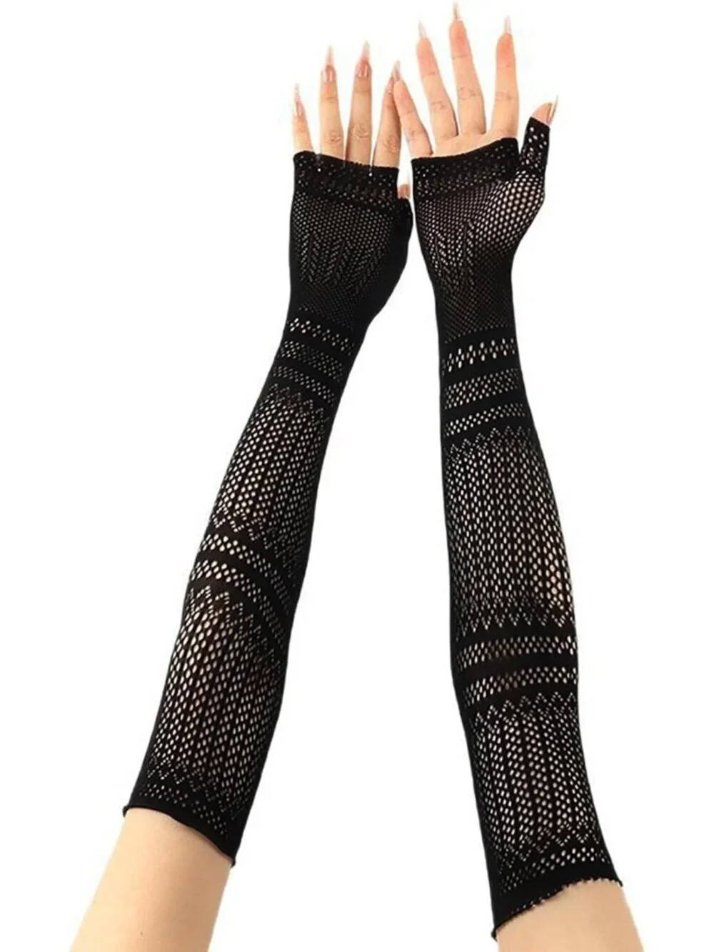 Women's Black Patterned Fishnet Long Fingerless Mesh Gothic Gloves Party
